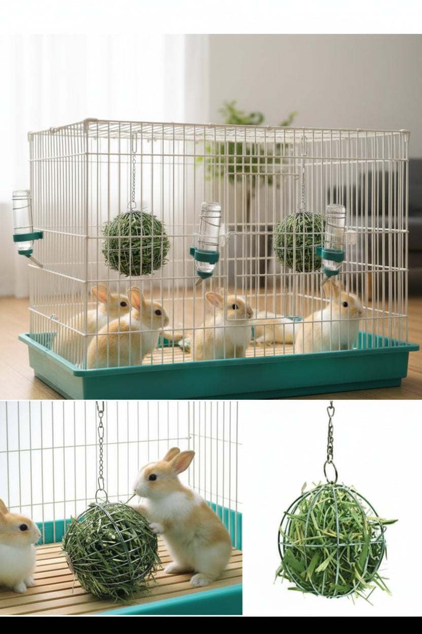 Boule Distributrice de Foin en Inox pour Lapin & Rongeurs – Anti-Mordillements