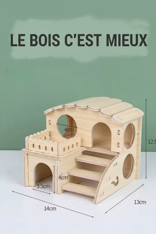 Cabane en Bois pour Hamster – Maison 2 Étages avec Escalier & Tunnels
