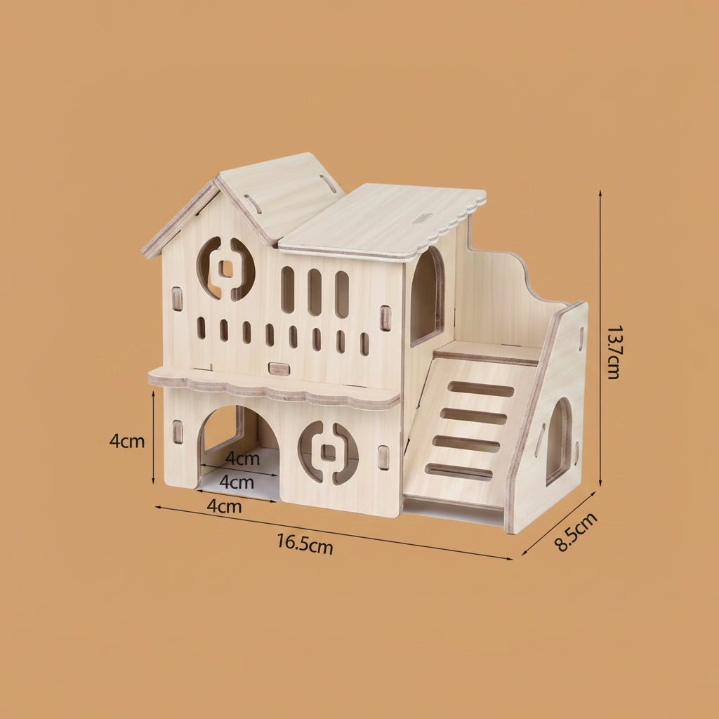 Grande Villa en Bois pour Hamster avec Escalier – 2 Niveaux Décorable