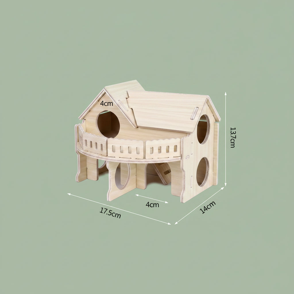 Villa en Bois pour Hamster avec Terrasse & Balcon – 2 Niveaux